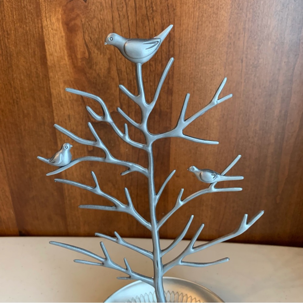 Silver Metal Jewelry Tree Stand With Birds and Trinket Dish Base - Picture 2 of 4